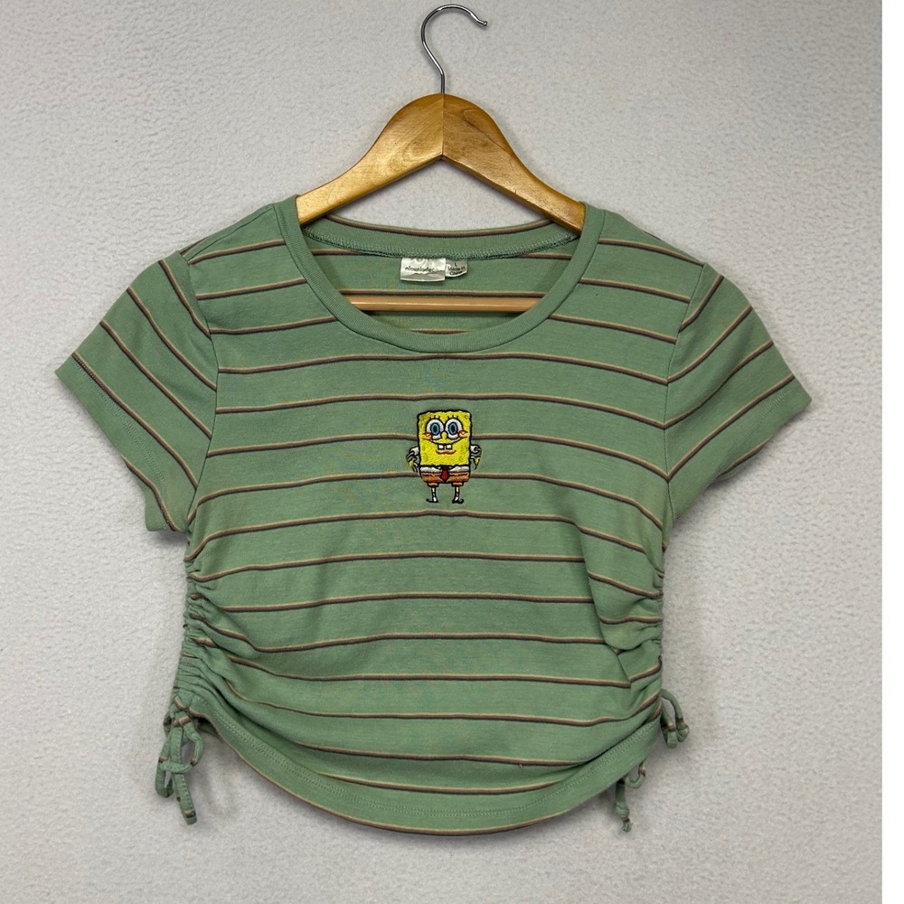 Y2K Cartooncore Nickelodeon Womens Large Green Striped Spongebob Ruched Crop Top